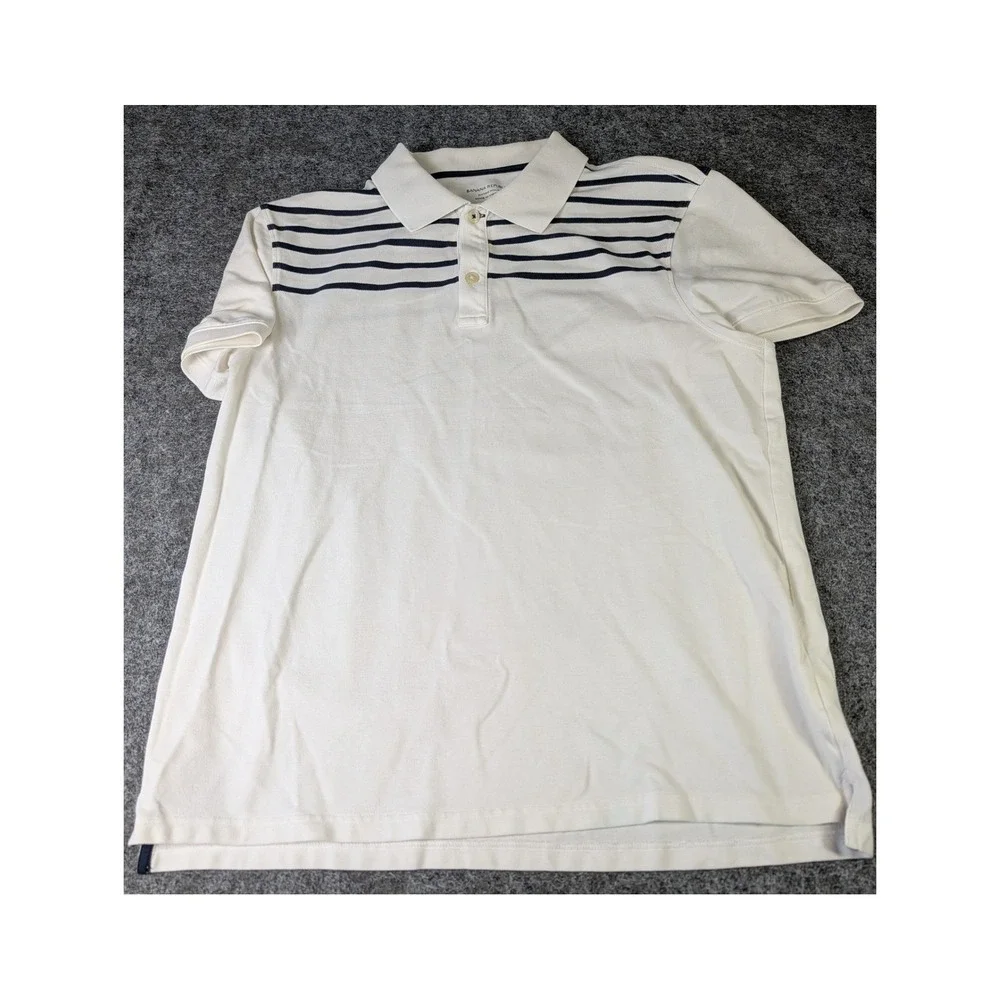 Banana Republic Mens L Fitted Polo Shirt Cream Navy Blue Striped Cotton EUC